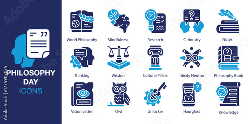 Philosophy Day icon set. Containing inquiry, question, debate, dialogue, dialectic, and more. Solid vector icons collection. Vector illustration.