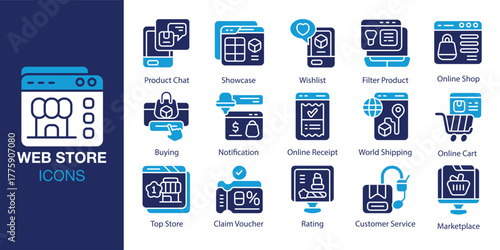 Web Store icon set. Containing online, retail, merchant, product, catalog, and more. Solid vector icons collection. Vector illustration.