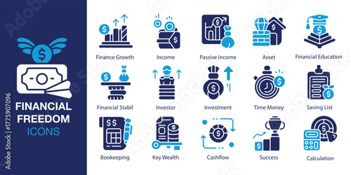 Financial Freedom icon set. Containing liberty, prosperity, abundance, security, stability, and more. Solid vector icons collection. Vector illustration.