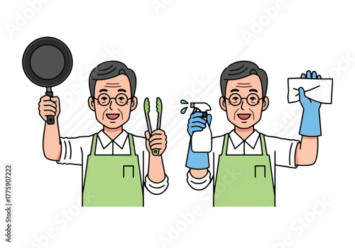 Man in apron holding cooking utensils and cleaning supplies for kitchen tasks - Flat Vector Illustration. Colored vector illustration