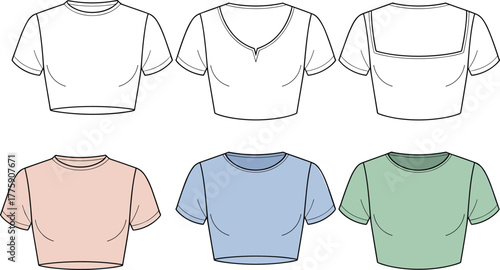 Cropped top template, fashion flat sketch, vector illustration, crew neck design, v neck style, square neckline option, apparel mockup, cad drawing