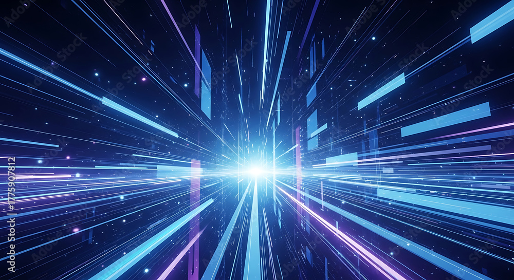 Fototapeta premium Blue and purple light streaks speed through dark digital space abstract background