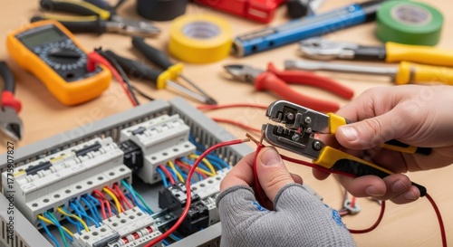 A person's hands using tools to repair an electrical panel.