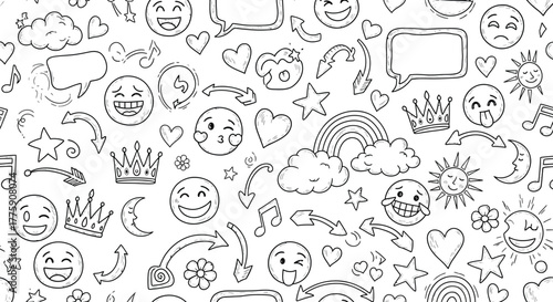 HandDrawn Doodle Seamless Pattern with Emoticons, Arrows, Clouds, Hearts, and Rainbow