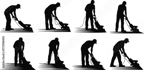 Silhouette vector illustration of worker operating floor cleaning machine, polishing surfaces, industrial maintenance, safety gear, construction site, repair, cleaning, and industry