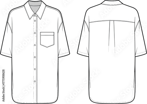 Short sleeve button up shirt, fashion flat sketch, vector illustration, chest pocket design, back pleat detail, apparel mockup, cad drawing