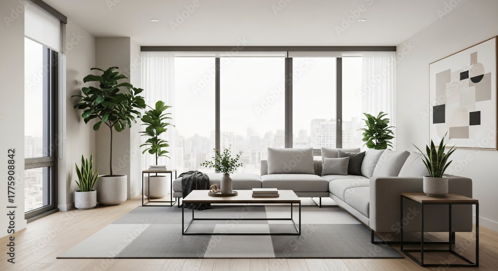 Fototapeta premium Modern Living Room Urban Apartment Interior Design Contemporary Residence City View Gray Sofa Large Window Plants Decor Minimalist Space Comfortable Furniture Sunny Light