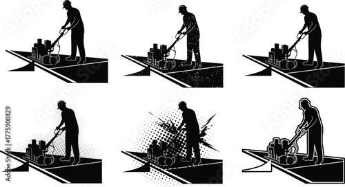 Silhouette vector illustration of worker operating floor polishing machine, grinding surfaces, cleaning process, safety gear, construction site, maintenance, repair, and industry