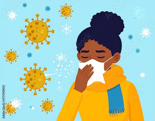 Illustration of a woman sneezing amidst virus particles