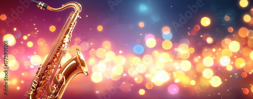 Golden saxophone on colorful bokeh background, evening street music mood with warm lights and festive atmosphere