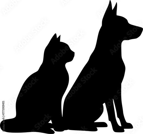 A silhouette of a cat and dog sitting together, symbolizing friendship and companionship between pets
