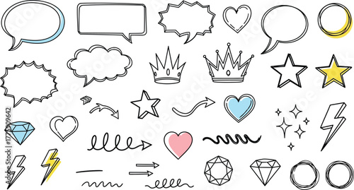 HandDrawn Elements Speech Bubbles, Hearts, Crowns, Arrows, Stars, Lightning, Diamond