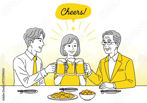 Friends enjoying drinks and food together celebrating a special occasion - Flat Vector Illustration. Colored vector illustration