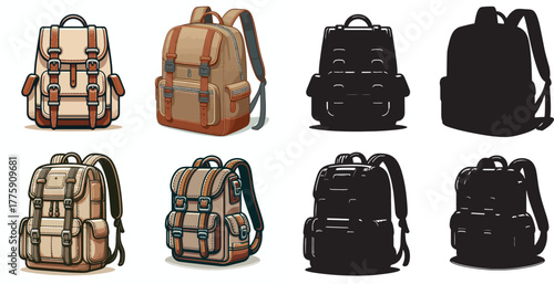 Vector set image and simple silhouette of men's backpack on white background