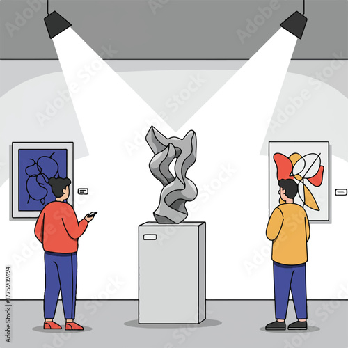 Two diverse visitors stand inside a minimal modern art gallery, attentively viewing a large abstract sculpture illuminated by bright spotlights, rendered in a simplified 2D flat vector style.