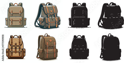 Vector set image and simple silhouette of men's backpack on white background