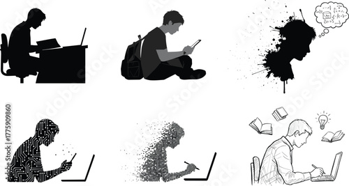 PrintCreative illustrations of students, thinkers, and tech users, studying, learning, writing, reading, brainstorming, digital, abstract, silhouette, conceptual, artistic, modern, education 
