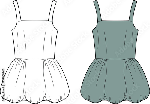 Sleeveless bubble hem dress, fashion flat sketch, vector illustration, fitted waist design, voluminous skirt style, apparel mockup, clothing silhouette, cad drawing