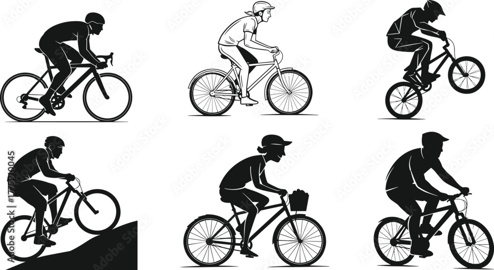 Fototapeta premium PrintCycling, silhouette, mountain bike, BMX, road bike, posture, stunt, helmet, sport, motion, vector, black and white, rider, uphill, casual, racing, illustration, active, transportation, concept