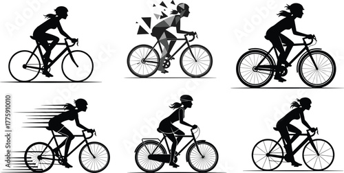 PrintCycling, silhouette, motion, speed, bike, rider, vector, black and white, helmet, posture, sport, commute, style, illustration, dynamic, road, city, racing, transportation, fitness