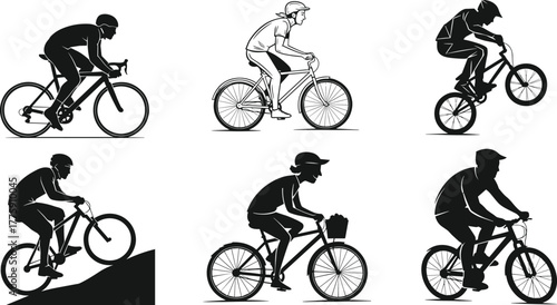 PrintCycling, silhouette, mountain bike, BMX, road bike, posture, stunt, helmet, sport, motion, vector, black and white, rider, uphill, casual, racing, illustration, active, transportation, concept