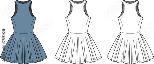 Sleeveless pleated dress, fashion flat sketch, vector illustration, fitted bodice design, flared skirt style, apparel mockup, clothing silhouette, cad drawing