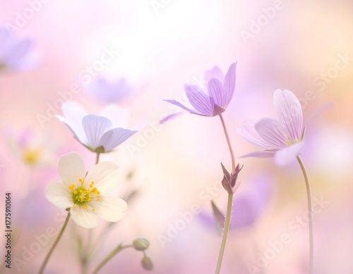 Soft focus image of delicate, pastel colored wildflowers