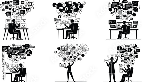 PrintDigital workspace illustration, data icons, coding, analytics, communication, cloud computing, cybersecurity, black and white, silhouette style, modern tech concept