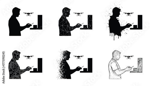 PrintDrone operator silhouette, remote control technology, data analysis concept, pixel effect, circuit pattern, sketch style, vector art, digital interaction