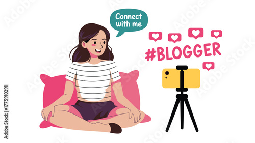 Cartoon Blogger Girl With Phone On Tripod, Connect With Me, Pink Pillow and Heart Likes