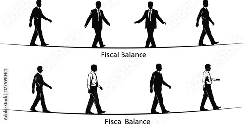 PrintFiscal balance silhouette, walking men, business and casual attire, economic stability, financial concept, equilibrium, vector art, black, white, contrast