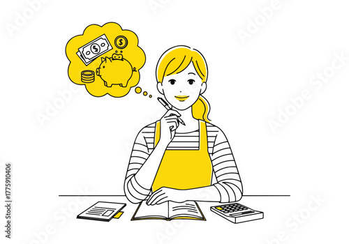 Woman in apron thinking about finances calculating budget with thought bubble showing money symbols - Flat Vector Illustration. Colored vector illustration