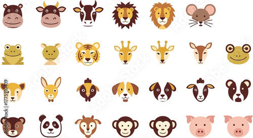 Adorable animal face icons collection for kids' projects, perfect for educational games, books, and fun designs featuring cute hippo, cow, lion, and more