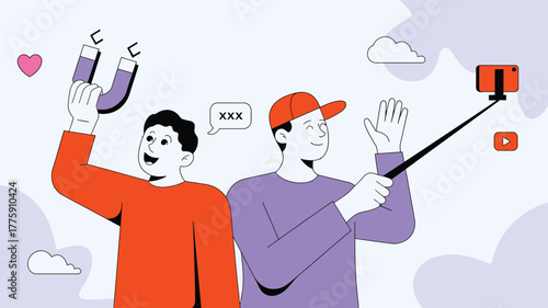 Cartoon Illustration of Two Content Creators Using a Magnet and Phone for Social Media