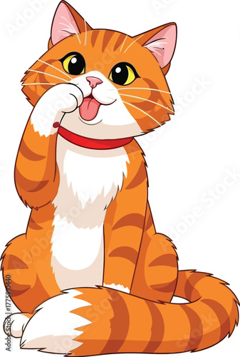 Adorable orange tabby cat licking paw with happy expression, perfect for pet-themed designs or cheerful kids' content, cartoon style