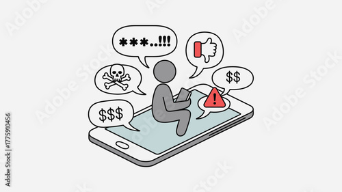 Cartoon Man Sitting On Smartphone Surrounded By Financial Threats, Negative Feedback and Security Issues