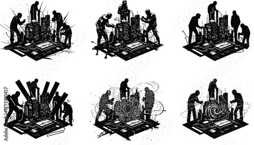 Futuristic city planning, digital architecture teamwork, urban development silhouette, abstract smart city design, collaborative tech construction, innovation, engineering, technology, creativity