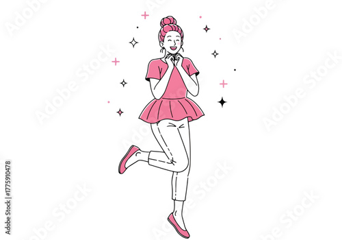 Charming pink ballerina posing gracefully holding a delicate ball - Flat Vector Illustration. Colored vector illustration