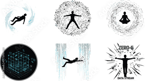 PrintFuturistic human figure, digital vortex, binary code, tech meditation, data stream, virtual cube, abstract silhouette, cyber concept, vector illustration