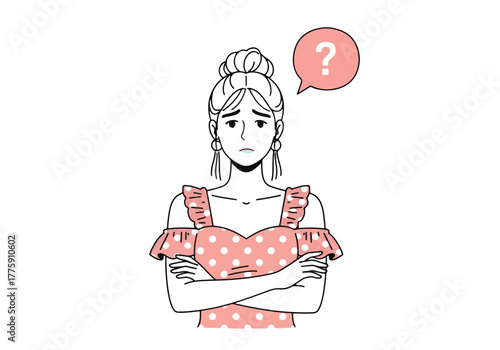 Confused young woman with question mark thought bubble expressing uncertainty and doubt - Flat Vector Illustration. Colored vector illustration