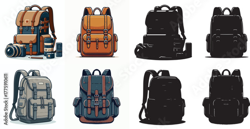 Vector set image and simple silhouette of men's backpack on white background