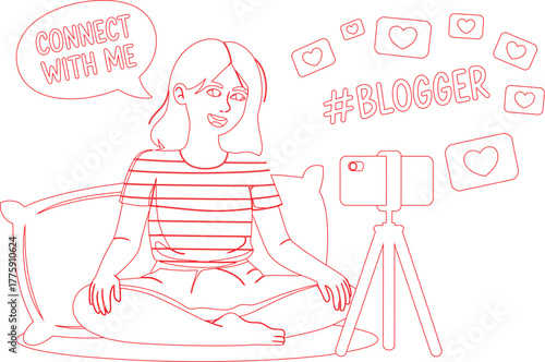 Cartoon Woman Blogger Recording Video With Smartphone on Tripod Surrounded by Hearts and Hashtag