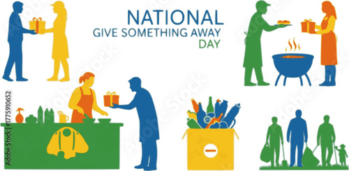 Vector Artwork for National Give Something Away Day - Creative Solid Color Illustrations of Gift Giving, Volunteer Acts, and Community Donations for Charity