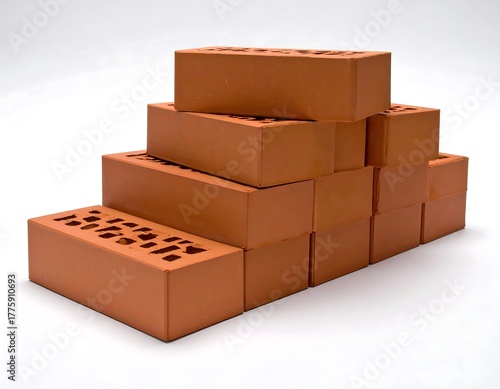 Stack of red rectangular fired clay blocks, building construction material