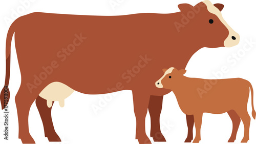 Flat Design Mother Cow with Calf Livestock Mammal Illustration
