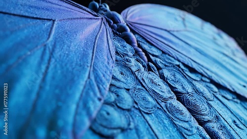 Intricate Blue Butterfly Wings with Swirling Patterns Macro View.