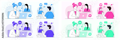 character set. vector illustrations of online medical consultations showing doctors and patients communicating via video call on laptop and computer with four color variations.