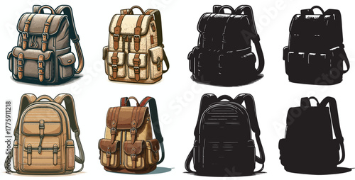 Vector set image and simple silhouette of men's backpack on white background