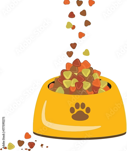 Filling a cute yellow dog bowl with nutritious kibble for a happy, healthy pet's balanced diet and joyful mealtime experience with love and care