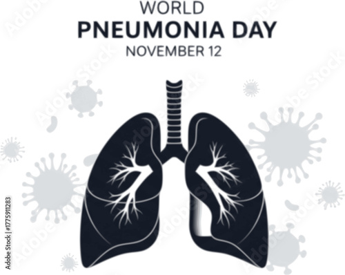 Minimalist blue vector poster for World Pneumonia Day, highlighting human lungs, medical icons, and health awareness against pneumonia and respiratory infections